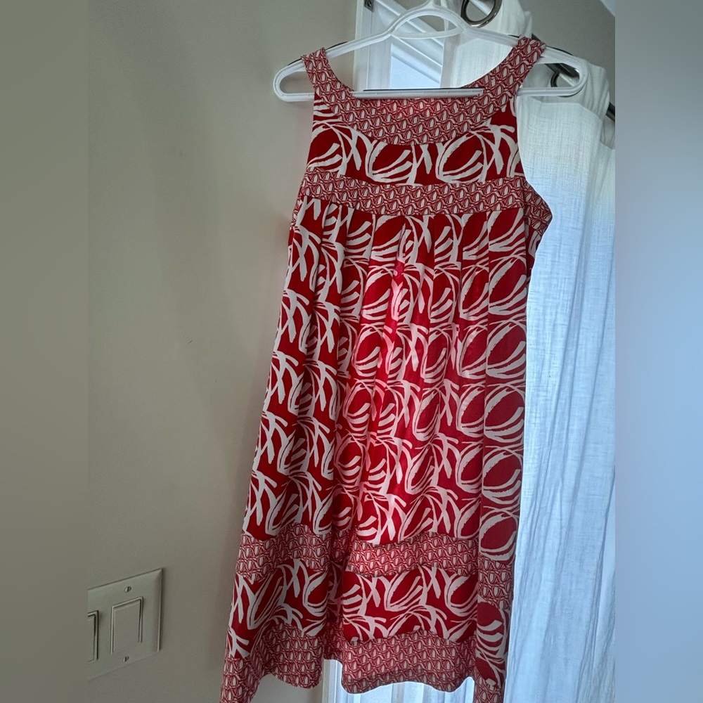 BCBG Orange and White Abstract Print Dress.